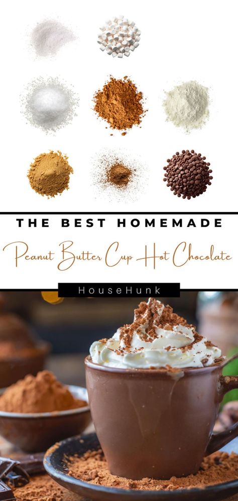 Indulge in the ultimate comfort with our Peanut Butter Cup Hot Chocolate Mix! Creamy cocoa infused with peanut butter goodness, topped with marshmallows. Perfect for cozy nights in or as a homemade gift! Hot Chocolate Mixes, Homemade Hot Chocolate Mix Recipe, Dried Banana Chips, Dry Buttermilk, Peanut Butter Hot Chocolate, Hot Chocolate Mix Recipe, Beverage Ideas, Homemade Peanut Butter Cups, Drink Inspiration