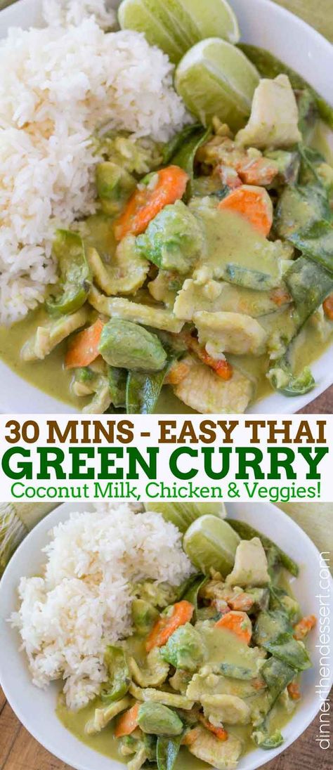 Easy Thai Green Curry made in just 30 minutes, full of coconut milk, ginger, garlic, snow peas, avocado chunks and more is the perfect Thai takeout dish! | #thaifood #thai #thairecipes #thaicurry #thaigreencurry #dinnerthendessert #asianrecipes Thai Green Curry Recipe Chicken Coconut Milk, Thai Green Coconut Curry Chicken, Easy Green Curry Chicken, Avocado Curry Recipe, Avocado Curry Thai, Green Thai Curry Chicken Coconut Milk, Green Curry Recipes Thai Chicken, Green Chicken Curry Recipe Thai, Chicken Green Curry Recipe