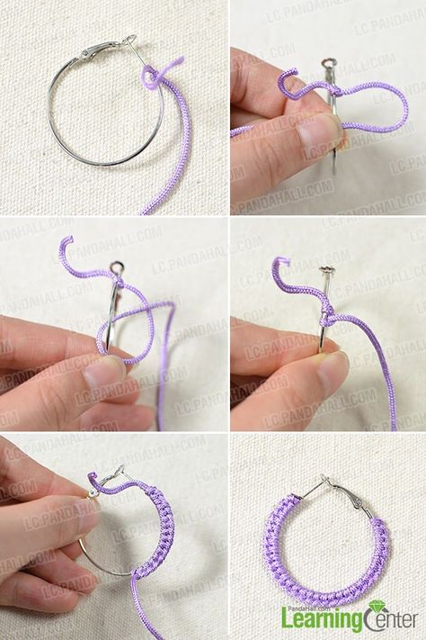 How to Make a Pair of Colorful Woven Thread Earrings in an Easy Way - Pandahall.com Diy Macrame Earrings, Diy Earrings Easy, Diy Fabric Jewellery, Crochet Jewelry Patterns, Crochet Earrings Pattern, Silk Thread Jewelry, Beaded Earrings Diy, Thread Jewellery, Thread Earrings