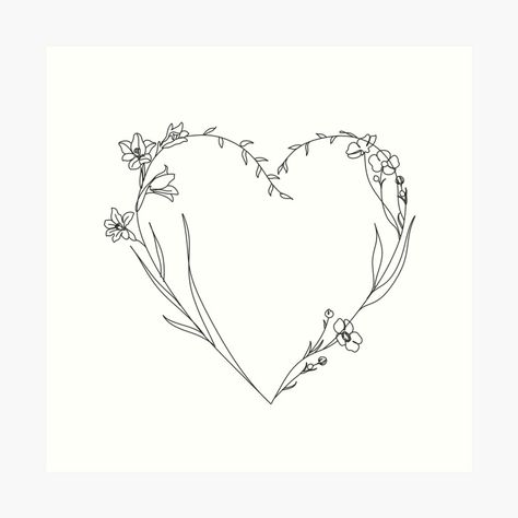 Plant Heart Drawing, Heart Vine Drawing, Plant Heart Tattoo, Simple Flower Line Drawing, Heart Plant Drawing, Heart Line Art Simple, Minimalist Embroidery Patterns, Floral Heart Drawing, Heart Doodle Aesthetic