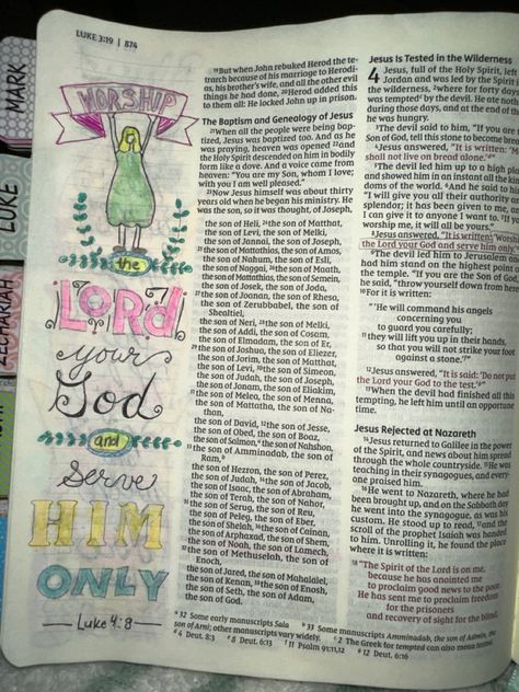 Bible Journaling Luke 4 Luke 4 Bible Journaling, Luke Chapter 2, Luke 4, Genealogy Of Jesus, Gospel Of Luke, Bible Journaling Ideas Drawings, Journal Notes, Luke 2, Bible Art Journaling