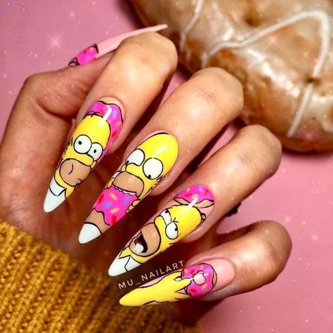 Teletubbies Nails, The Simpsons Nails, Simpsons Nails, Cartoon Nails Acrylic, Fresh Nail Designs, Easter Nails Ideas, Nails Cartoon, Cartoon Nail Art, Summer Nails Art