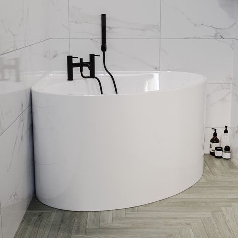 Freestanding Small Round Corner Bath 1000 x 1000mm - Malta - Better Bathrooms Small Free Standing Bath Tub, Bathroom Ideas Free Standing Bath, Understairs Bathroom, Soaking Tubs Master Bath, Small Corner Bath, Small Family Bathroom, Freestanding Corner Bath, Loft Bathroom Ideas, L Shaped Bathroom