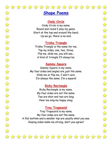 preschool geometric shapes | Geometry Shape Poems Shapes Poem Kindergarten, Building Poems Preschool, Shapes Songs Preschool, Shape Songs Preschool, Shape Poems For Kids, Manners Preschool, Math Poems, Calendar Songs, Math Shapes