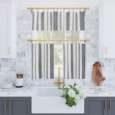 Black White Kitchen, Small Window Curtains, Cafe Curtain, Cleaning Curtains, Kitchen Fun, Curtain Shop, Tier Curtains, Curtain Texture, Floral Curtains