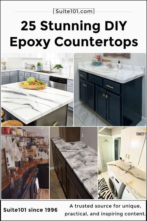 25 Easy DIY Epoxy Countertops: How To Step by Step Epoxy Countertop Videos, Epoxy Over Laminate Countertop, Epoxy Bathroom Countertop, Resin Countertops Diy, Epoxy Countertop Kitchens, Epoxy Kitchen Countertops, Epoxy Resin Countertop, Painting Bathroom Countertops, Stone Coat Countertop