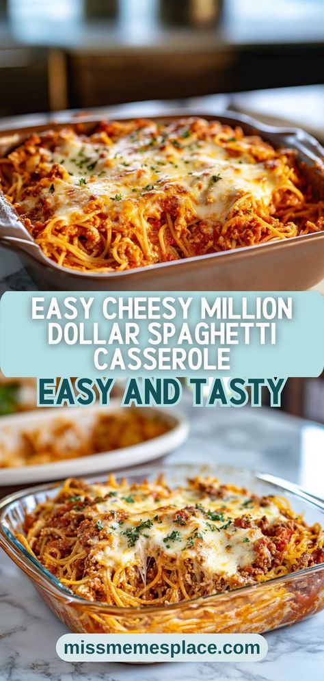 Looking for a quick and delicious meal? Try this Easy Cheesy Million Dollar Spaghetti Casserole that’s sure to satisfy your cravings. With its creamy texture from cream cheese and layers of mozzarella, this recipe is a cheesy dream come true. Combine tender spaghetti with savory ground beef and rich marinara sauce for a dish that’s not only easy to prepare but also perfect for meal prepping. Make it ahead, bake when needed, and enjoy every mouthwatering bite with family and friends! Million Dollar Casserole Recipes, Million Dollar Spaghetti Casserole Easy, Million Dollar Spaghetti With Cream Cheese, Million Dollars Spaghetti Casserole, Million Dollar Spaghetti Easy, Spaghetti Bake Recipe Easy, Spaghetti Bake Recipes, Speggetti Casserole Recipe, Spagetti Casseroles Baked