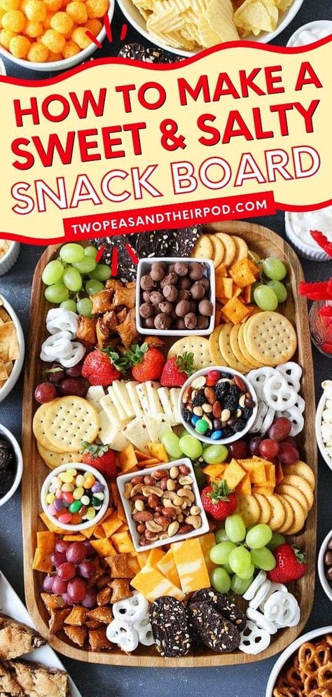 Learn How to Make a Sweet and Salty Snack Board at home! With a delicious spread of sweet and salty treats, this best snack idea is a great addition to your party appetizers or best Gameday food recipes! Simple Game Day Snacks, Snacks For Bridge Club, Snacks For Trivia Night, Trivia Night Snacks Appetizers, Snacks For Girls Weekend, Game Night Snack Ideas, Game Night Snacks For Adults, Salty Party Snacks, Group Snacks