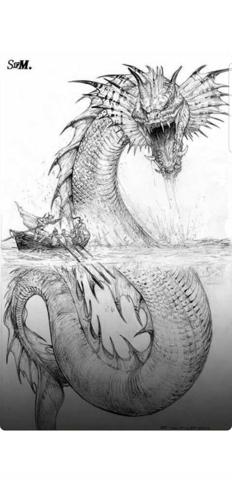 Ocean Monster Drawing, Leviathan Monster Sea Dragon, Mythical Creature Drawings Sketches, Sea Monster Tattoo, Leviathan Tattoo, Sea Dragon Leviathan, Monster Collage, Scary Sea Creatures, Final Fantasy Tattoo