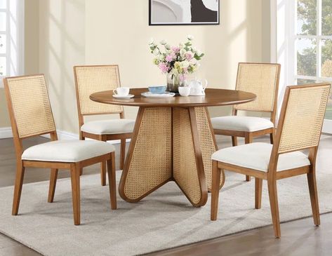 Ayrabella 5 - Piece Pedestal Dining Set Round Dining Table With Rattan Chairs, Rattan Chairs Dining Table, Butterfly Dining Table, Brown Dining Table, Rattan Chairs, Taupe Colour, Wood Side Chair, Cane Dining Chair, Cane Chair