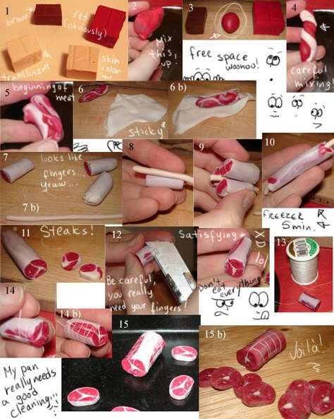 How to make meat with Sculpey by kayanah Making Miniatures, Miniature Food Tutorials, Crea Fimo, Diy Fimo, Barbie Food, Dollhouse Miniature Tutorials, Doll House Crafts, Dollhouse Miniatures Diy, Tanah Liat