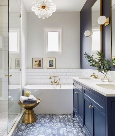 Blue White Brass Bathroom, Blue And Pink Bathroom Ideas, Blue Bathroom With Tub, Bathroom With Blue Bathtub, Navy Master Bath, Dark Blue Bathroom Vanity, Dark Navy Bathroom Tile, Blue Tile Bathroom Gold Fixtures, Dark Blue Bathroom Ideas