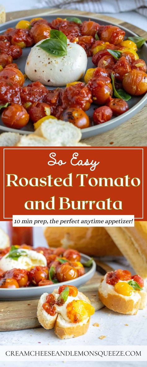 If you’re looking for a super simple appetizer recipe to kick off your next dinner party or ladies’ night gathering, this Roasted Tomato and Burrata Appetizer is for you. Made with just 9 ingredients and only about 10 minutes of active prep time, these sinfully delicious slow-roasted tomatoes with burrata cheese couldn’t be easier to whip up! Paired with crusty baguette for the perfect bite. Burrata Tomato Appetizer, Baratta Cheese Appetizers, Sundried Tomato Appetizer, Roasted Tomatoes And Burrata, Buratta Bruschetta, Recipes With Burrata Cheese, Burrata Recipe Appetizers, Burrata Cheese Recipe, Tomatoes With Burrata