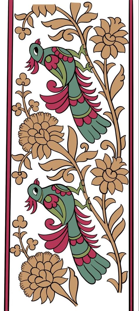 Kalamkari Animal Motifs, Rajistani Motifs, Kalamkari Lace Border, Kalamkari Borders Design, Kalamkari Border, Kalamkari Painting, Kerala Mural Painting, Mosaic Art Projects, Print Design Art