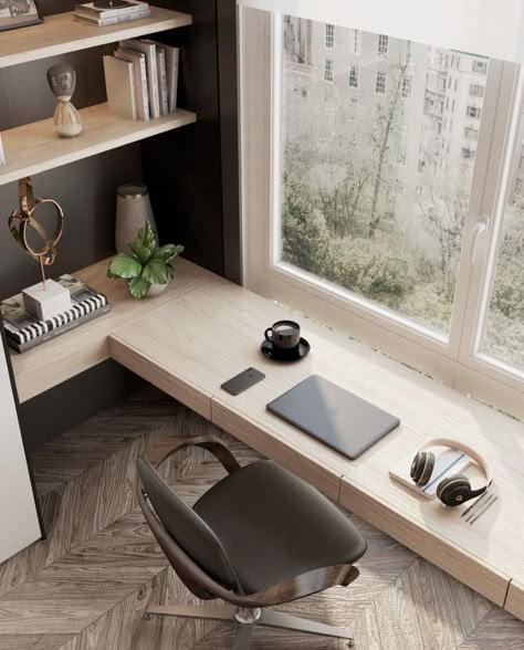 Window Work Desk, Desk In Front Of Low Window, Home Office Window Desk, Modern Nordic Bedroom, Modern Home Offices, Small Room Design Bedroom, Study Room Design, Small Home Offices, Kids Interior Room