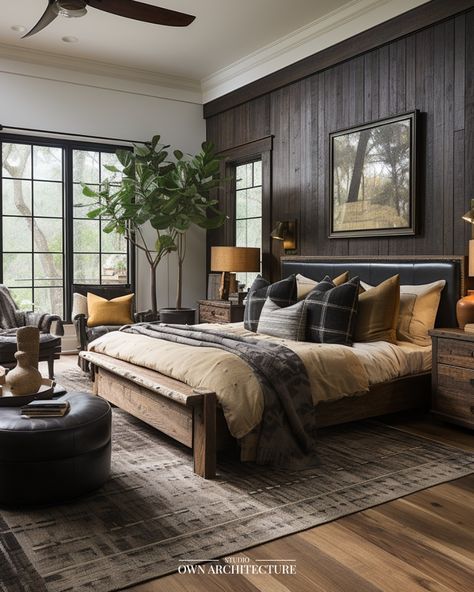 Dark Wood Decor Bedroom, Featured Wall Bedroom, Primary Bedroom Modern Farmhouse, Rustic Bedroom With Black Accent Wall, Bedroom Accent Wall With 2 Windows, Dark Wall Accent, Elegant Farmhouse Bedroom, Cabin Master Suite, Dark Wood Accent Wall