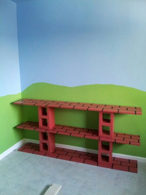 Mario play shelf! Mario Cube Shelf, Super Mario Shelves, Mario Brothers Room Ideas, Super Mario Home Decor, Super Mario Playroom, Lego Mario Display Ideas, Mario Lego Display, Mario Brothers Room, Mario Room Decor