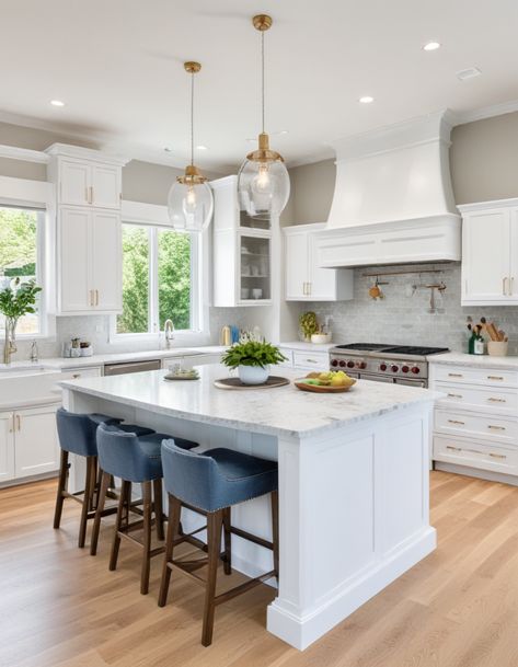 49 White Kitchen Ideas To Brighten And Transform Your Home White Cabinets Blue Walls, White Kitchen With Blue Accents, White Kitchen With Blue Island, Kitchen With Blue Accents, Curved Shelving, Contemporary White Kitchen, White Kitchen Designs, White Kitchen Rustic, Curved Kitchen Island