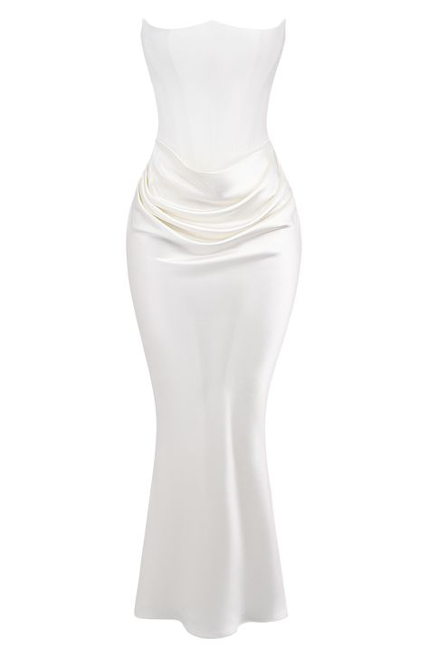 A mix of satin and crepe lend lots of texture to this strapless cocktail dress with signature corsetry built in for extra support. Exclusive retailer Back-zip closure Strapless Lined 75% acetate, 25% polyester with 100% polyester contrast Dry clean Imported Corset Cocktail Dress, Corset Draping, Strapless Cocktail Dress, Mode Zara, White Drapes, Drape Maxi Dress, Satin Corset, Strapless Corset, Draped Skirt