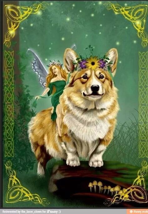 There is a folk legend that says corgis were a gift from the woodland fairies, and that the breed's markings were left on its coat by fairy harnesses and saddles.[ Corgi Art, Corgi Pictures, Corgi Butts, Hooked Rugs, Cute Corgi, Pembroke Welsh Corgi, Corgi Dog, The Fairy, Fairy Art