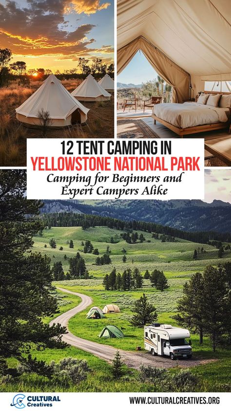 A collage of 12 tent camping in Yellowstone National Park, featuring picturesque glamping tents at sunset, a cozy interior setup, and traditional campsites with tents and an RV in a lush green valley. Things To Take Camping, Yellowstone National Park Camping, Essential Camping Gear, Yellowstone Camping, Camping For Beginners, Yellowstone Trip, Camping Packing List, National Park Camping, Best Campgrounds