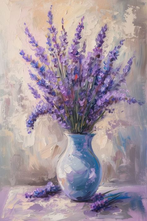 A vase filled with delicate lavenders painting blossom flower. | premium image by rawpixel.com / Fluke Flower In A Vase Painting, Vase Painting Ideas Canvas, Watercolor Still Life Paintings, Vase Flower Painting, Vase With Flowers Painting, Vase Of Flowers Painting, Elegant Paintings, Lavender Vase, Flower Vase Painting