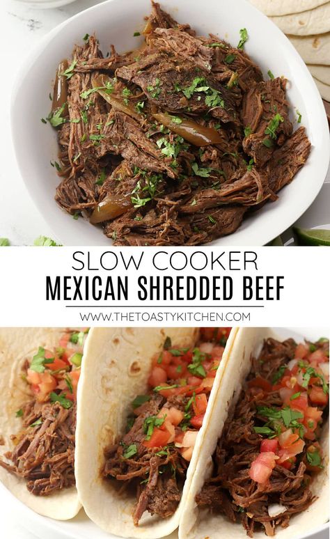 Slow cooker Mexican shredded beef recipe by The Toasty Kitchen. Slow cooker Mexican shredded beef turns out tender, juicy, and packed with complex, savory flavor. It's perfect for making tacos, nachos, quesadillas, and more! #mexicanshreddedbeef #slowcooker #slowcookerbeef #dinenrideas #recipe Crockpot Tri Tip Recipes Mexican, Tri Tip Nachos Recipes, Shredded Beef Tacos Crockpot, Crockpot Beef Tacos, Mexican Crockpot, Crockpot Shredded Beef, Pineapple Guacamole, Slow Cooker Shredded Beef, Slow Cooker Mexican