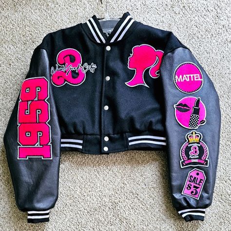 Custom Letterman Jacket Shell: 100% Wool Sleeves: Genuine Leather Custom Patches: Fuschia Pink In Color Available In Sizes: Sm, Med, Lrg & Xl Customized Varsity Jacket, High School Varsity Jacket Design, Custom Painted Jean Jacket, Letterman Jacket Ideas, Dark Pink Jacket, Letterman Jacket Outfit, Letterman Jacket Patches, Custom Letterman Jacket, Graduation Goals