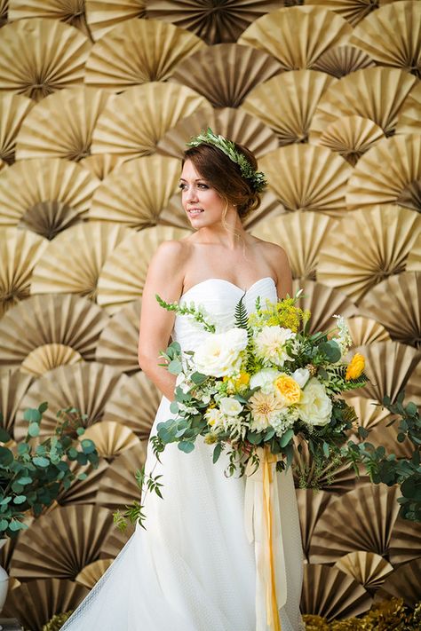 Fan Backdrop, Paper Fans Wedding, Filipiniana Wedding Theme, Yellow Bridal Bouquets, Filipiniana Wedding, Photo Booth Backdrop Wedding, Bridal Floral Crown, Rustic Wedding Backdrops, Beachside Wedding