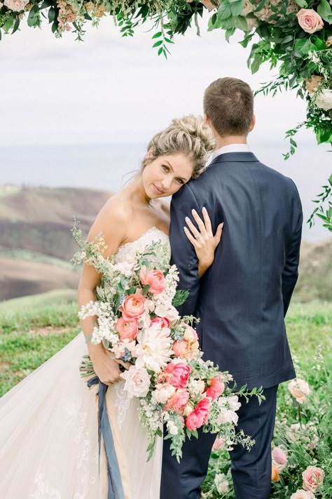 Our Story Creative Photography & Cinematography  |  Malibu Wedding overlooking the ocean in the Malibu Hills, beautiful wedding alternative to Malibu Rocky Oaks. Blush romantic wedding bouquet florals and round floral ceremony installation. Bride And Bouquet Photo Ideas, Bridal Bouquet Photos, Altar Photos Wedding, Outdoor Wedding Shoot Ideas, Best Wedding Poses Photo Ideas, 2023 Wedding Photography Trends, Wedding Photography Ideas Poses Romantic Photos Couple, Private Wedding Photos, Romantic Wedding Pictures