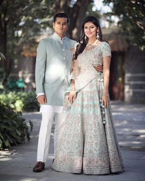 Powder Blue with Grey !! #bride #outfit #indian #lehenga #2018 #latest Wedding Dress For Couple, Wedding Couple Dress, Wedding Dress Couple, Dupatta Draping Styles, Engagement Dress For Groom, Dupatta Draping, Couple Dresses, Engagement Looks, Engagement Dress For Bride