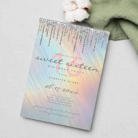 Silver Glitter Drips Rainbow Holographic Sweet 16 Invitation #zazzle #weddinginvitations #birthdayinvitations #babyshowerinvitations #zazzleinvitations #monogram #businesscards #graduation #homedecor Iridescent Party, 80th Birthday Invitations, Rainbow Holographic, 16th Birthday Invitations, Sweet Sixteen Birthday, Sweet 16 Invitations, Pink Themes, Sweet 16 Birthday, Free Birthday Invitations