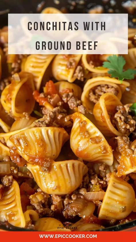 Conchitas With Ground Beef – Epic Cooker Shells With Ground Beef, Conchitas Con Carne Ground Beef, Conchitas Recipe, Conchitas With Ground Beef, Creamy Ground Beef And Shells, Shells Ground Beef Tomato Soup, Pasta Shells With Ground Beef Recipe, Mexican Pasta, Soup With Ground Beef