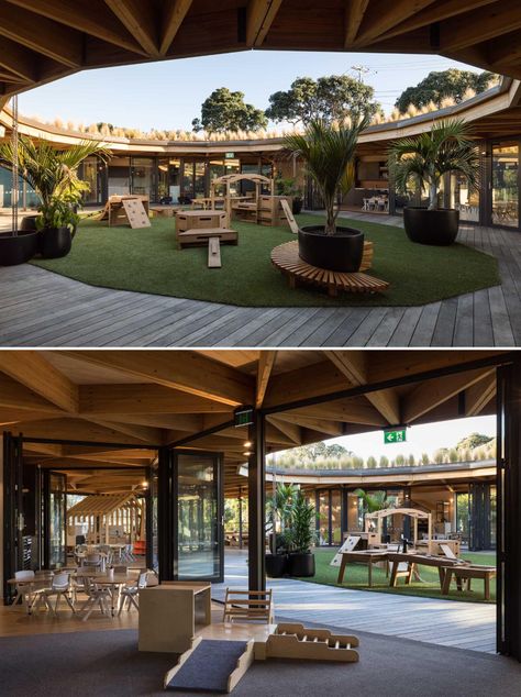 A Green Roof Covers The Circular Design Of This Children's Learning Centre College Outside Area, Daycare Centre Ideas, Early Learning Center Design, Recreational Park Design Ideas, Open Classroom Design, Innercourt Design, Performance Space Architecture, Outdoor Study Area, Learning Center Architecture