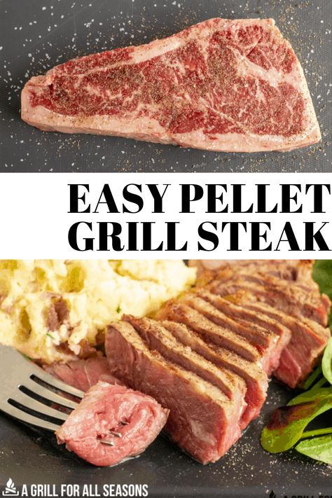 Well-seasoned, seared, and smoky, this Pellet Grill Steak will melt in your mouth. With a tender juicy center, grilled steak is irresistible to any meat lover. It is so easy to learn how to grill a steak to perfection on your pellet grill! Give it a try and have a delicious grilled steak for dinner. Easy, Low Carb, Keto, Gluten-Free Steaks On Pellet Grill, Pit Boss Pellet Grill Recipes Steak, Pellet Grill Steaks, Pellet Grill Steak Recipes, Steak On Pellet Grill, Pit Boss Pellet Grill Recipes, Grilled Porterhouse Steak, Grilled T Bone Steak, Ny Steak