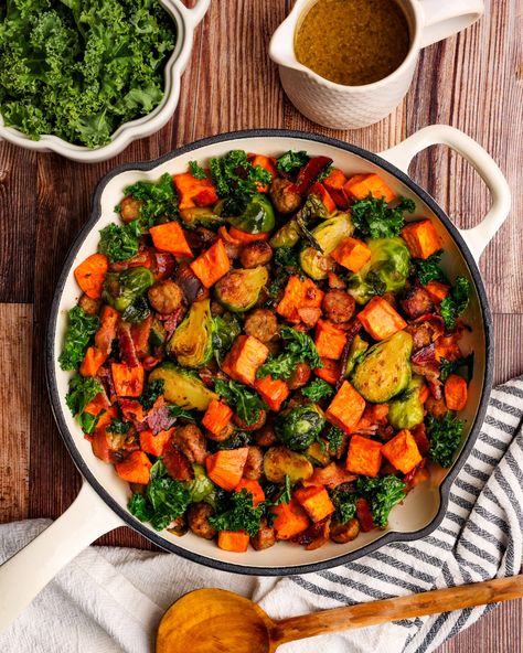 Harvest Breakfast Hash Breakfast Hash Skillet, Chopped Brussel Sprouts, Veggie Hash, Yummy Veggies, Complex Carbs, Breakfast Hash, Bacon Grease, Chicken Sausage, Sausage Breakfast