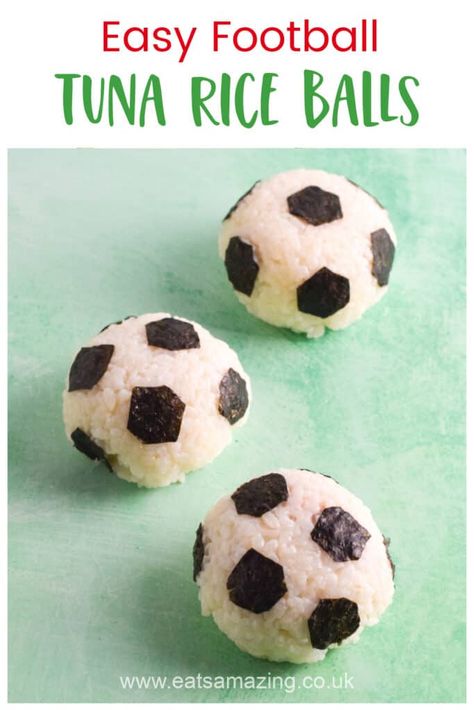 How to make fun and easy football (soccer) rice balls - perfect for football themed party food Soccer Birthday Party Food Ideas, Soccer Food Party, Soccer Theme Food, Soccer Food Ideas, Soccer Themed Food, Soccer Party Food Ideas, Soccer Themed Snacks, Football Themed Party Food, Tuna Rice Balls