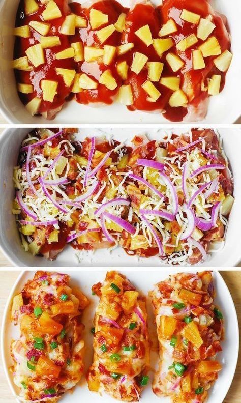 collage of 3 photos - Chicken Bake with Bacon, Pineapple, Mozzarella Cheese, Red Onions, and BBQ Sauce. Bbq Chicken Bake, Pineapple Bbq Chicken, Bacon Pineapple, Way To Cook Chicken, Meal Train, Baked Bbq Chicken, Ways To Cook Chicken, Chicken Bake, Easy Baked Chicken