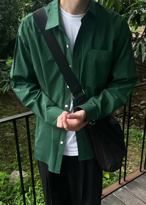 Green Shirt Outfit Men Street Styles, Green Mens Fashion Aesthetic, Green Outfit Male Aesthetic, Green Shirt Outfit Men Aesthetic, Emerald Outfit Men, Men Green Outfits Aesthetic, Mens Green Dress Shirt Outfit, Dark Green Fits Men, Green Outfit Inspo Men