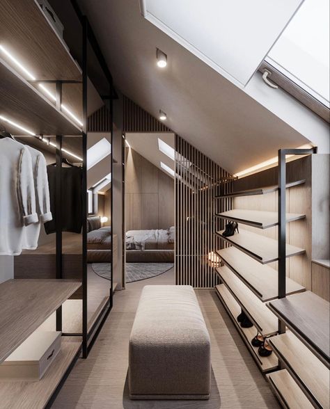 Loft Conversion Dressing Room, Attic Master Suite, Modern Guest Bedroom, Attic Wardrobe, Attic Bedroom Designs, Attic Design, Wardrobe Room, Loft Room, Minimalist House Design