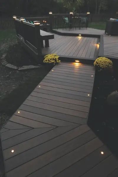 12 Stunning Garden Paths and Walkways Ideas - Cool Web Fun Wood Decking, Shabby Chic Garden, Wooden Deck, Landscape Design Plans, Backyard Lighting, Decks Backyard, Sunrooms, Backyard Deck, Deck Lighting