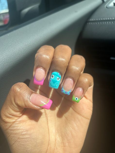 Boo Monsters Inc Nails, Sully Nails Monsters Inc, Mike Wazowski Nails, Monsters Inc Nail Art, Sully Nails, Monster Inc Nails, Sully And Boo, Disneyland Nails, Classy Acrylic