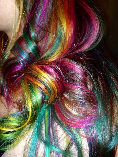 Punk Hair Dye, Rainbow Streaks In Hair, Unusual Hair Colours, Curly Rainbow Hair, Multicolor Highlights, Underdye Hair, Rainbow Highlights, Multicolor Hair, Hair Streaks