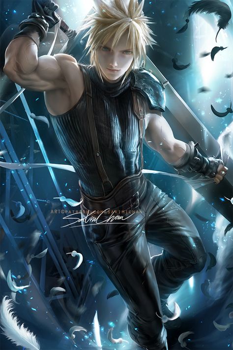 Sakimichan Art, Badass Pictures, Final Fantasy Cloud, Video Game Posters, Final Fantasy Vii Remake, Drawing Wallpaper, Final Fantasy Art, Male Character, Cloud Strife