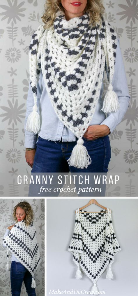 Put a modern spin on a crochet classic with this simple crochet granny stitch shawl! Wear it as a wrap or a triangle scarf all winter long.  via @makeanddocrew Monochromatic Crochet, Granny Stitch Shawl, Crochet Granny Stitch, Crochet Triangle Scarf, Crochet Wrap Pattern, Granny Stitch, شال كروشيه, Crochet Triangle, Crochet Shawls And Wraps