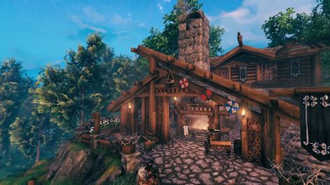 Valheim Workshop, Minecraft Norse Houses, Valheim Starter Base, Valheim Longhouse, Valheim Blacksmith, Valheim Kitchen, Valheim House Ideas, Valheim Builds, Ark Survival Evolved Bases