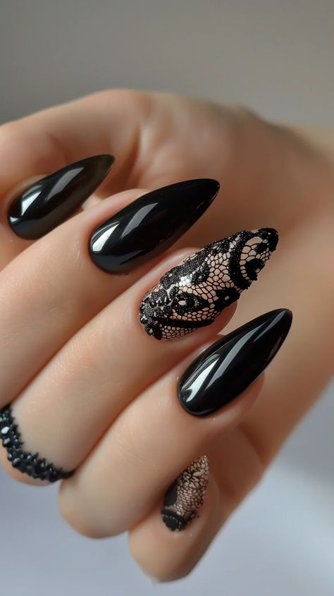 Black Lace Nails Designs Coffin, Natural Color Acrylic Nails, Black Lace Nail Art, Black Lace Nails, Black Wedding Nails, Simple Elegant Nails, Lace Nail Design, Witchy Wedding, Nail Paints