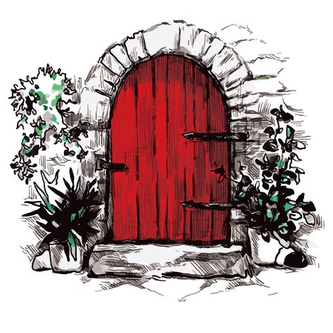 Red Door Art, Aesthetic Door Drawing, Magic Door Drawing, Wooden Door Drawing, Magical Door Drawing, Red Doodles Aesthetic, Door Drawing Simple, Door Drawing Sketch, Old Door Drawing