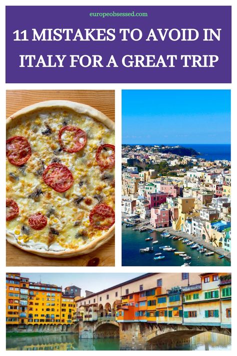 11 mistakes to avoid in Italy for a great trip, with images of pizza, coastal town, and bridge over a canal. What To Do In Italy, Where To Go In Italy, Italian Drinks, Italian Soda, Italy Itinerary, Explore Italy, Italy Trip, Italy Travel Tips, Travel Italy