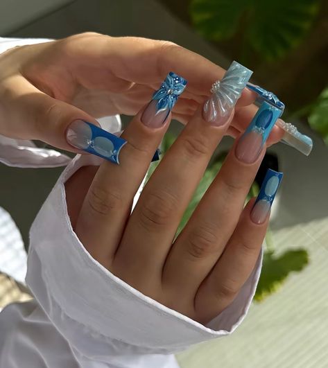 Summer Toe Nails, Blue Acrylic Nails, French Acrylic Nails, Beach Nails, Square Nails, Long Acrylic Nails, 3d Nails, Cute Acrylic Nails, Acrylic Nail Designs